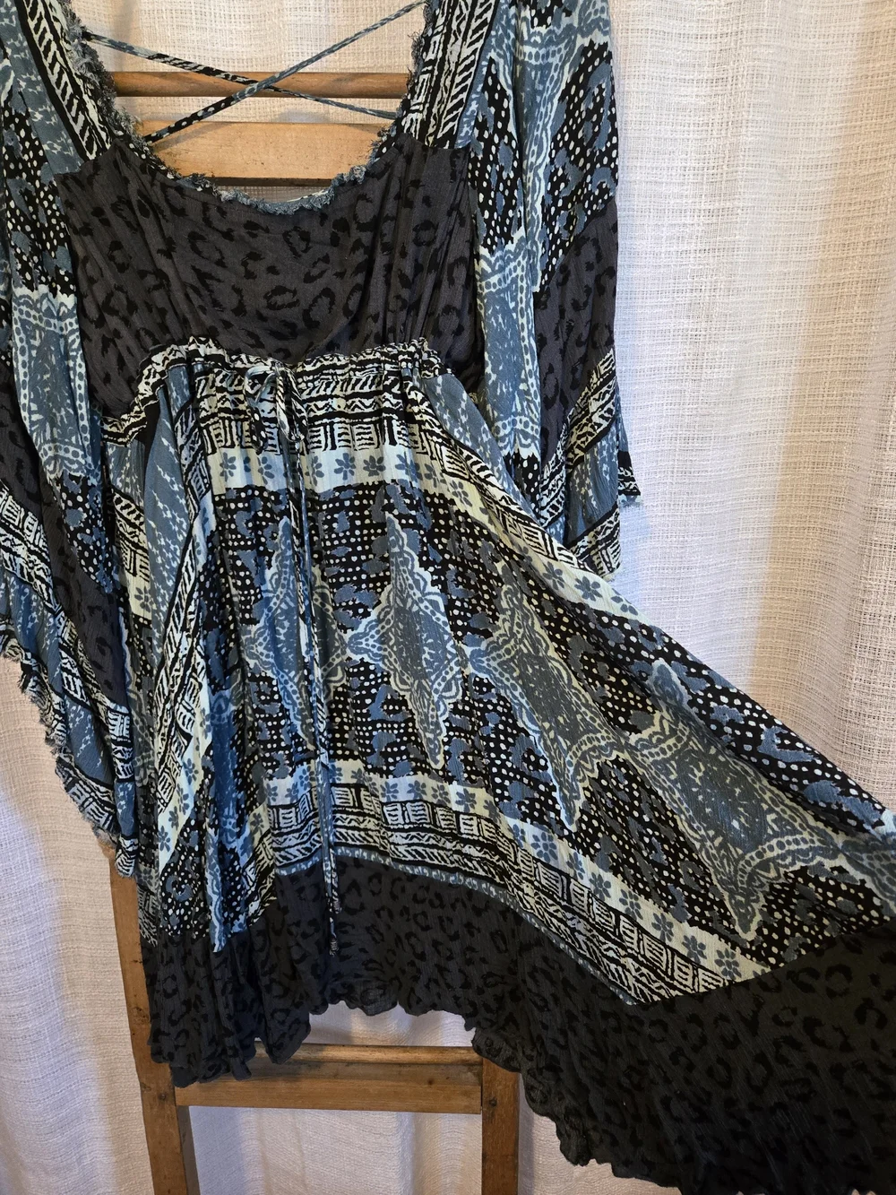 Free People Blue and Black Printed Crisscross Back Tunic